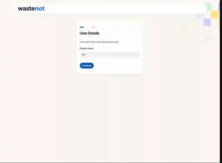 WasteNot onboarding flow showing the setup steps for a new team